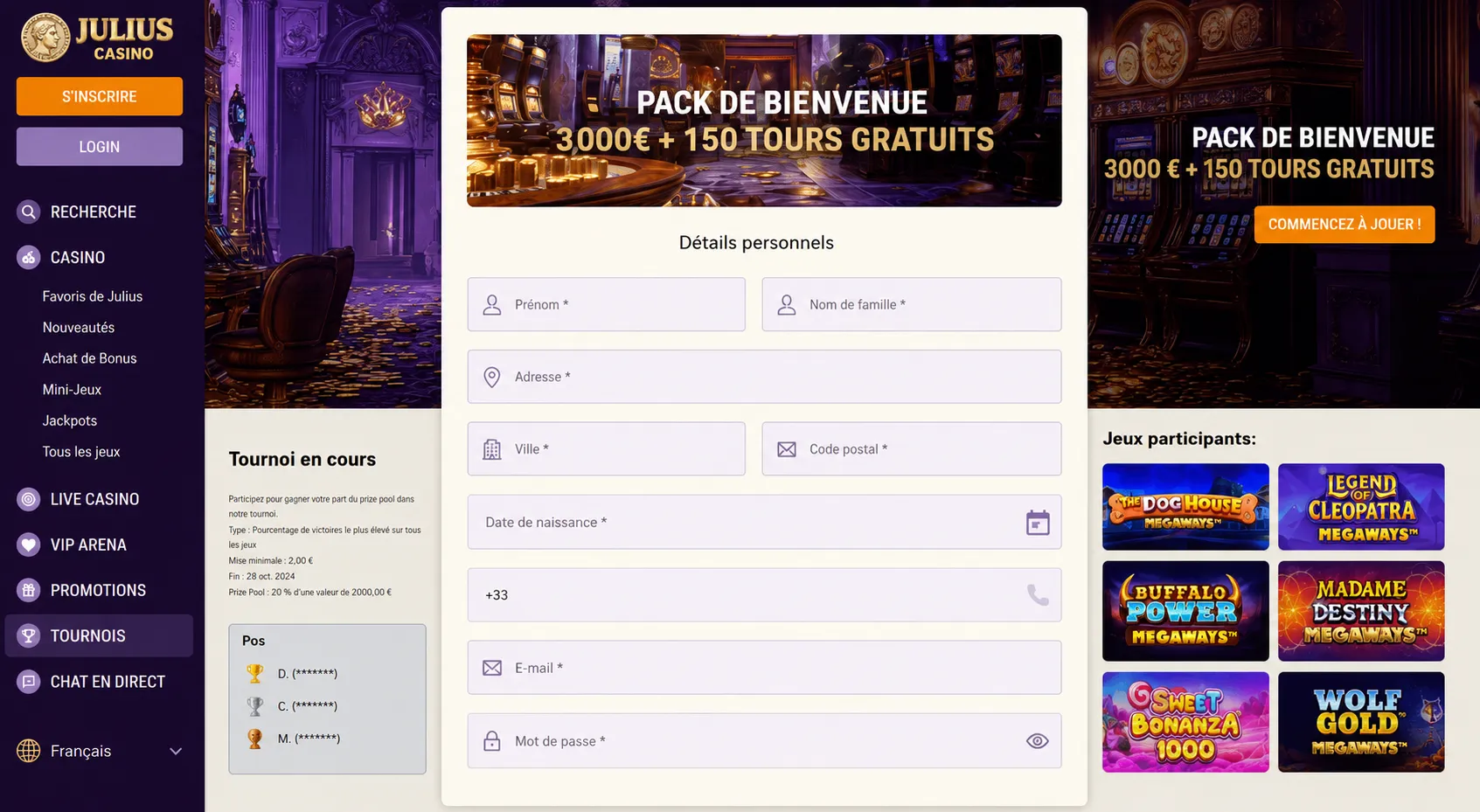 Procédure d'inscription pour Julius Casino
